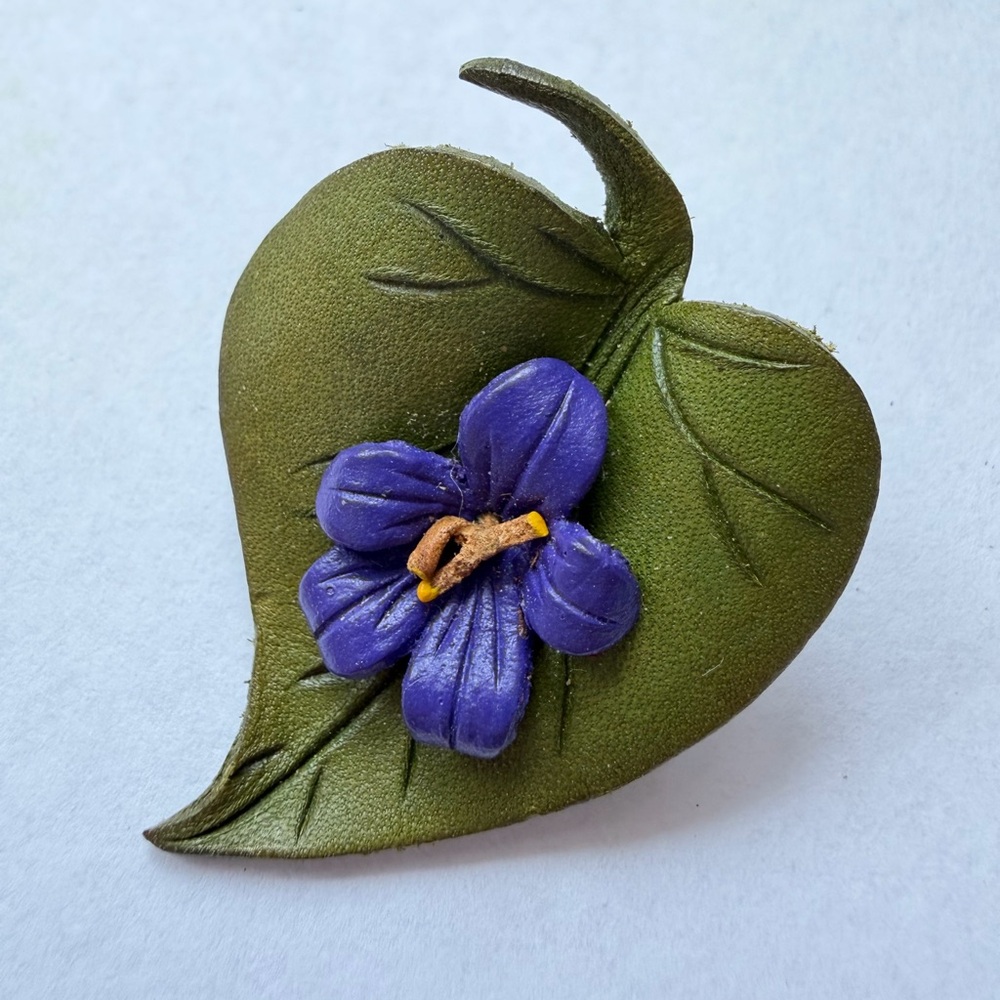 Leather Crafted Leaf & Flower Brooch